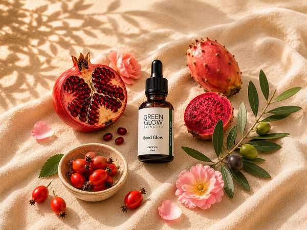 otanical skincare ingredients — pomegranate, rosehip, prickly pear and olive - around an amber dropper bottle