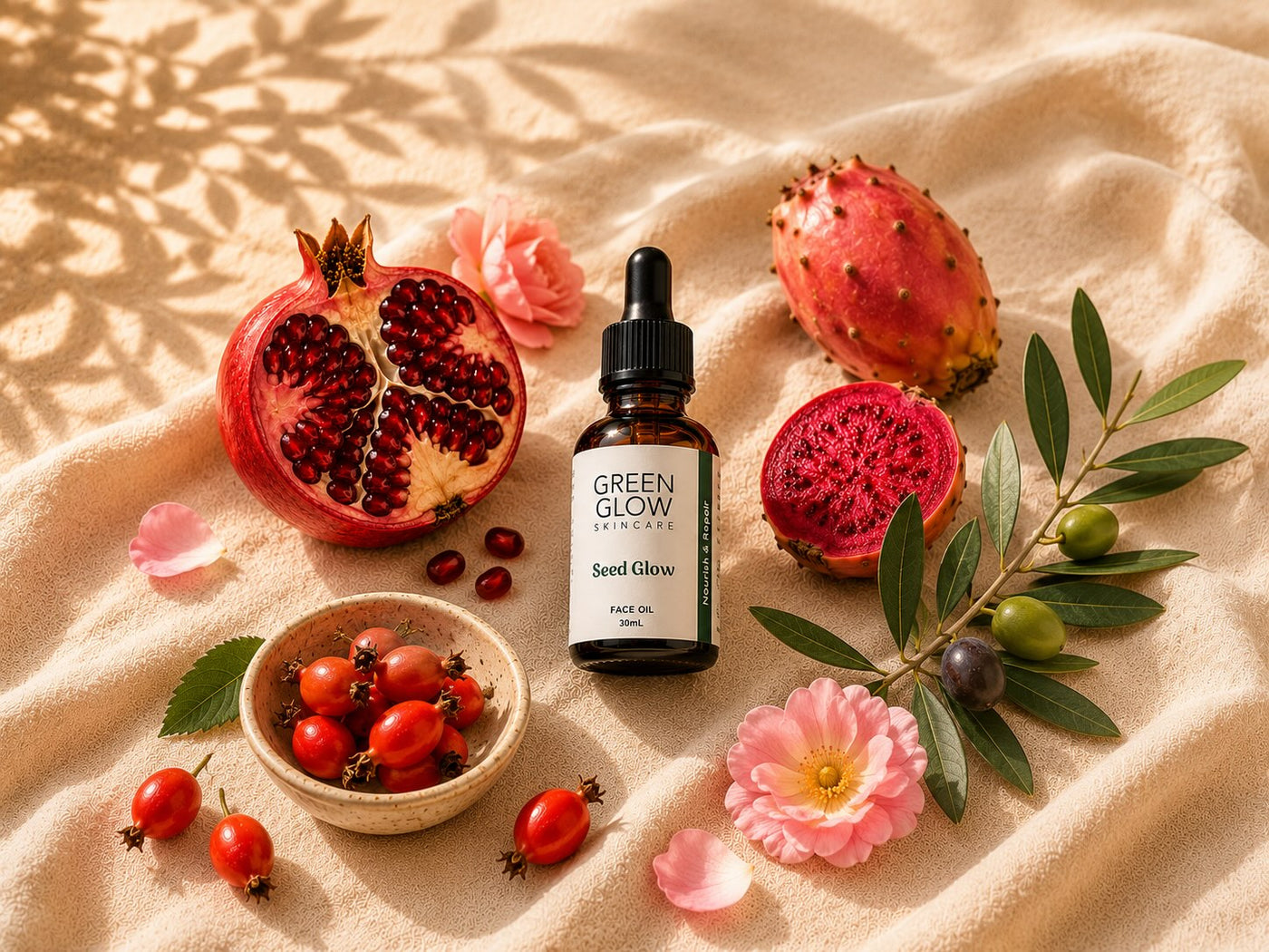otanical skincare ingredients — pomegranate, rosehip, prickly pear and olive - around an amber dropper bottle