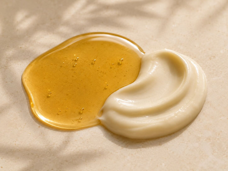 A pool of golden facial oil beside a swirl of cream moisturiser on a stone surface