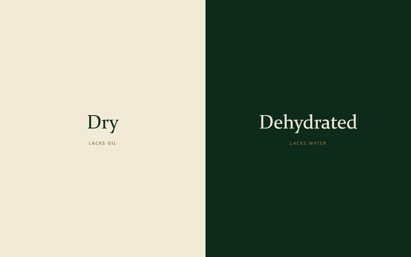 The words Dry and Dehydrated side by side, one lacking oil and one lacking water