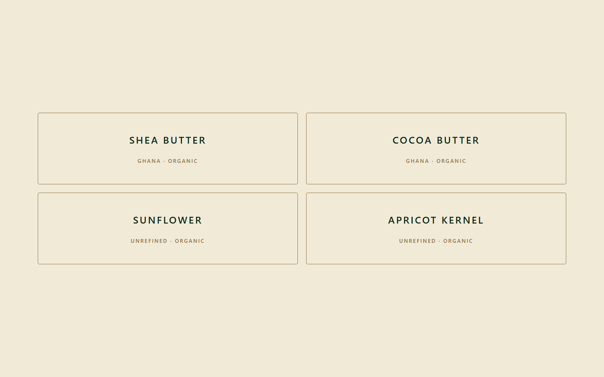 Four tiles naming the balm's butters and oils with their origin and certification