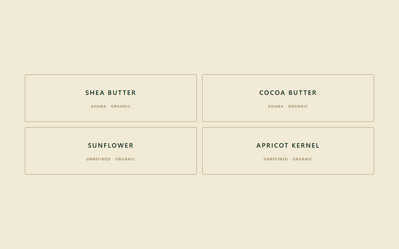Four tiles naming the balm's butters and oils with their origin and certification